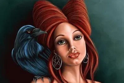 Mujer de pelo rojo con cuervo