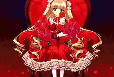 NiÃ±a animÃ© de rojo en sillÃ³n con rosas