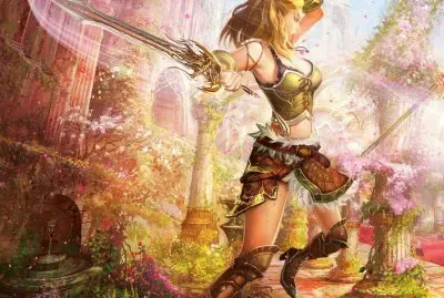 Mujer guerrera en templo floreado