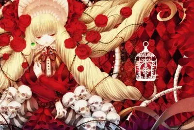 Chica animÃ© de rojo con rosas y calaveras