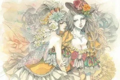 Dibujo de mujeres hadas floreadas en tonos claros