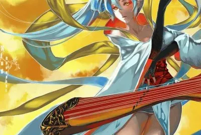 Mujer animÃ© tocando instrumento con fondo amarillo