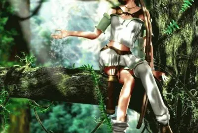 Mujer con arco en el bosque sentada en un Ã¡rbol