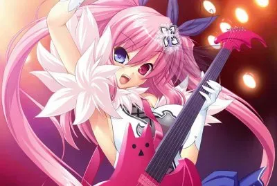 Mujer animÃ© de pelo rosado tocando guitarra