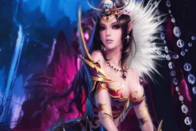 Mujer elfo en tonos azules y violetas