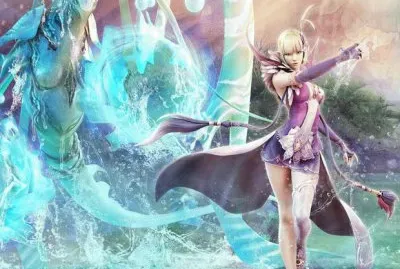 Chica caminando por el agua con criatura