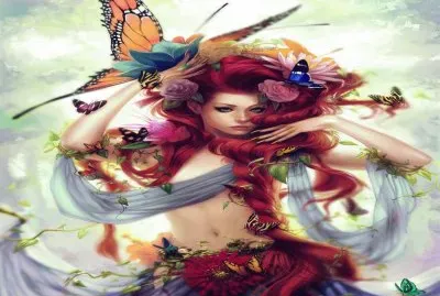 Mujer pelirroja con mariposas y flores