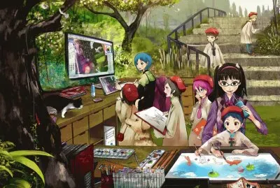 Grupo de niÃ±os animÃ© pintando en escuela de arte