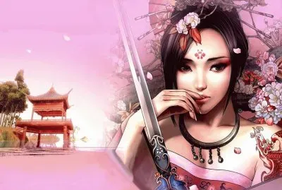 Chica oriental con espada y flores