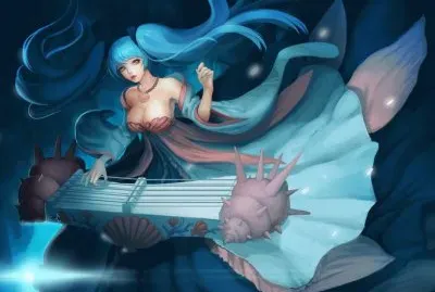 Chica tocando instrumento en el fondo del mar