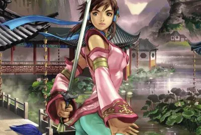 China con espada y paisaje oriental