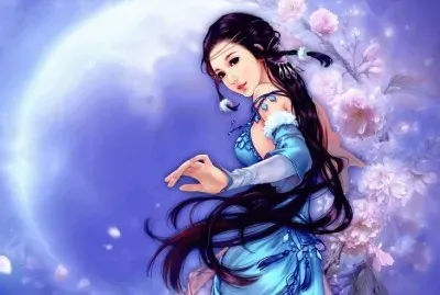 Mujer de azul con flores y luna en el fondo