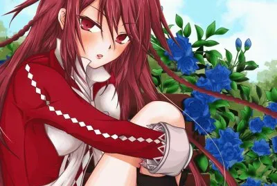 Chica animÃ© sentada al lado de rosas azules