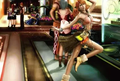 Chica pelirroja bailando con gente en el fondo