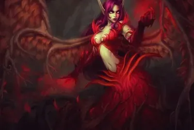 Mujer de rojo con alas y cabello violeta
