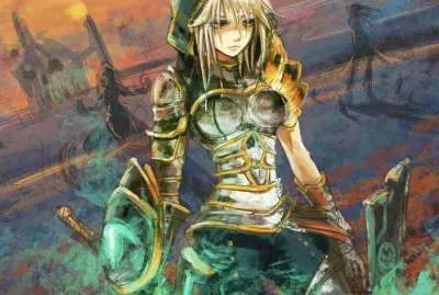 Chica animÃ© guerrera con sombras en el fondo