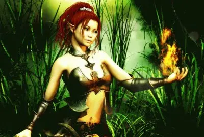 Mujer duende pelirroja con fuego en la mano