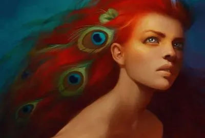 Mujer pelirroja con plumas de pavo real en cabeza jigsaw puzzle