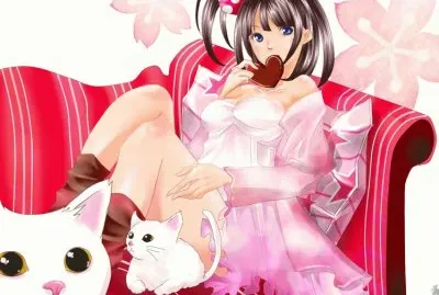 Chica animÃ© en el sofÃ¡ con gatos