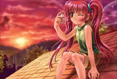 NiÃ±a de cabello rosado sentada en el techo