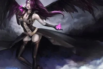 Mujer con alas negras en las nubes