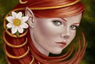 Rostro de mujer pelirroja con flor en el cabello