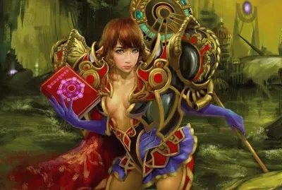 Chica animÃ© con traje de metal y libro en la mano