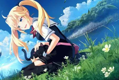 Chica animÃ© sentada al lado del rÃ­o con gato
