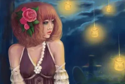 Chica oriental en la noche con luces