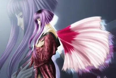 Chica con kimono, alas y cabello violeta