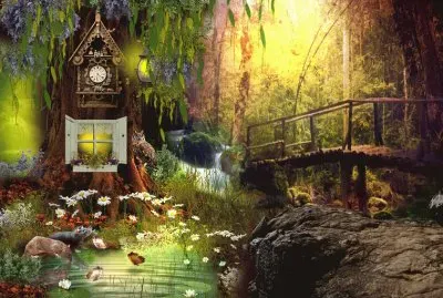 Paisaje con casa en el Ã¡rbol y puente en el bosque