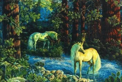 Unicornios en una laguna del bosque