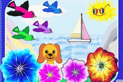 Painted Coastal View - birds, flowers and a dog.