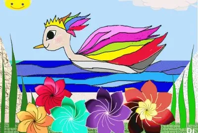 A Colorful Swan Duck and Flowers