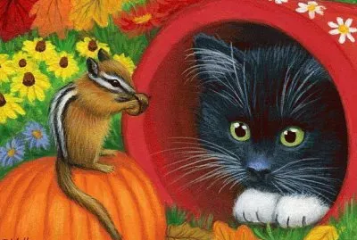 Kitten and Chipmunck in Fall Garden