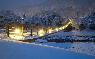 Puente nevado con luces en invierno jigsaw puzzle