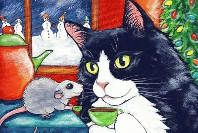 Cat and Mouse having Christmas Tea jigsaw puzzle