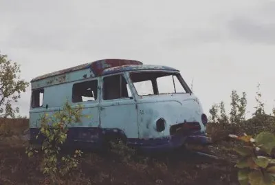 VehÃ­culo abandonado sobre arbustos en Finlandia