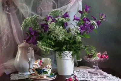 Vintage Tea Cups and Purple Flowers