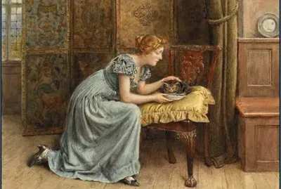 George-Goodwin-Kilburne-Young-Girl-Feeding-a-Cat