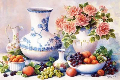 Bodegon de flores y frutas