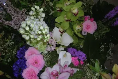 Pink and blue flower arrangement