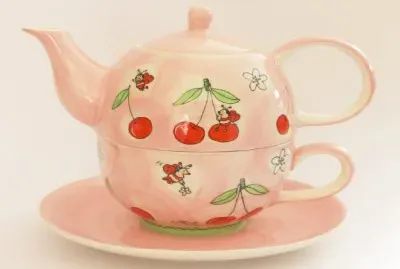 Tetera-Rosa, Cerezas, Vajilla. jigsaw puzzle