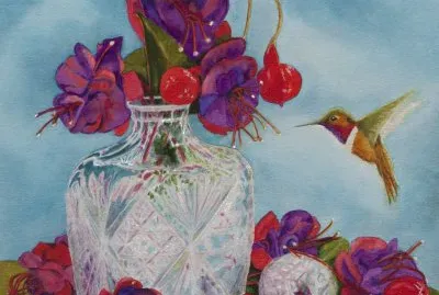 Fuchsias and Hummingbird-Watercolor Art