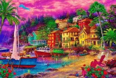 colorful landscape , houses, flowers