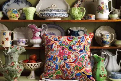 Tapestry Cushion with Antique Vases and China