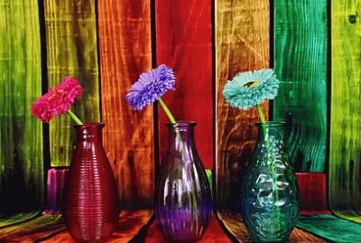 Colorful Glass Vases and Flowers-Still Life