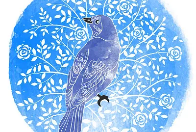 Birds and flowers on water color background.