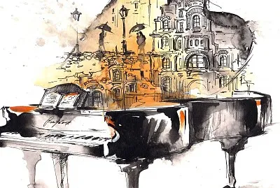 piano, watercolor