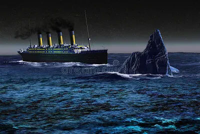 The Titanic liner, sailing on the ocean by night,